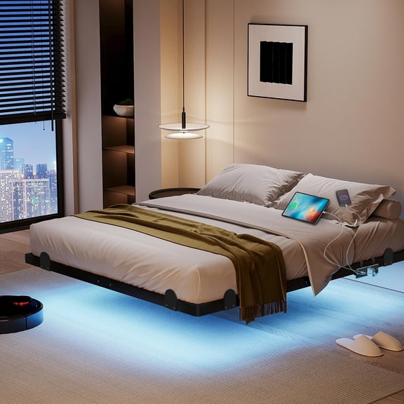 HUANG 14 Inch Floating Queen Bed Frame with Smart LED Lights & Charging Station, Modern Metal Platform, Easy Assembly