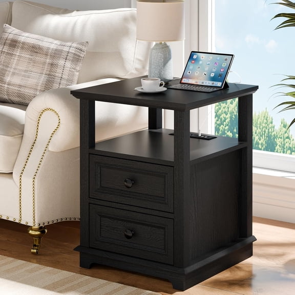HUANG 18" End Table with Fast USB-C Charging Station & 2 Drawers - Black Rustic Wood Square Storage Cabinet for Living Room Bedroom Office