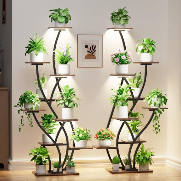 HUANG 2-Pack Plant Stand with Grow Lights 61" 9-Tier Winged Metal Holder for Indoor Growing, Black