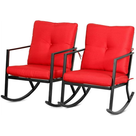 HUANG 2-Piece Patio Rocker Chair Set with Red Thick Cushions & Black Steel Frame