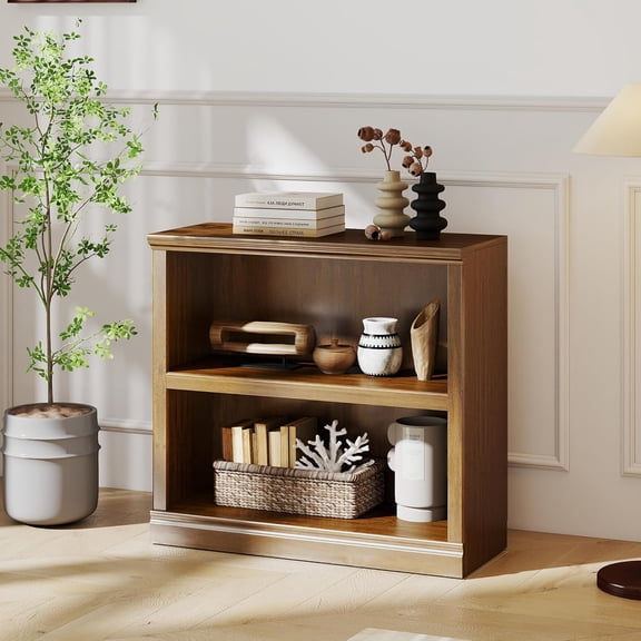 HUANG 2-Shelf 33" Wide Wooden Bookcase, Vintage Oak Floor Standing Display Storage for Home Office Living Room Bedroom