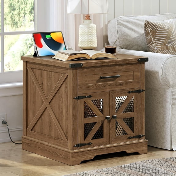 HUANG 24" Walnut Farmhouse End Table with Charging Station & Drawer - Large Square Sofa Side Table Nightstand with Outlet, Walnut