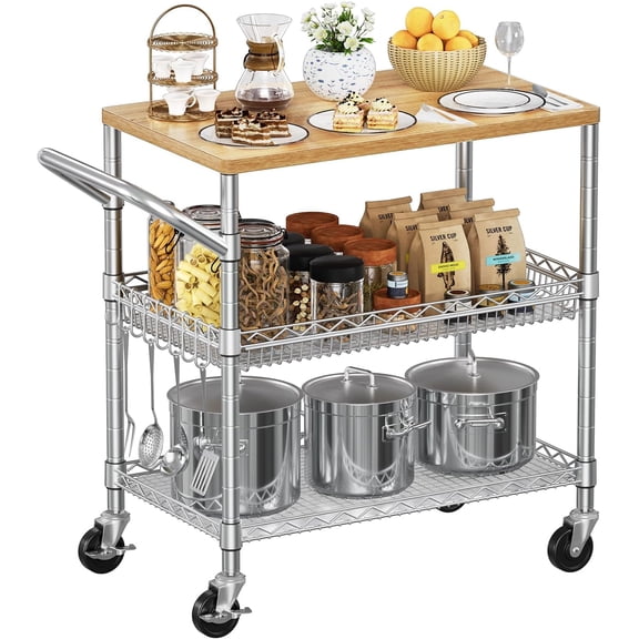 HUANG 3-Tier Rolling Kitchen Cart on Wheels, 650 Lbs Capacity Utility Cart with Wood Tabletop & 8 Hooks, Metal Serving Cart with Handle for Kitchen, Restaurant