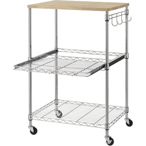 HUANG 3-Tier Rolling Kitchen Cart with Oak Wood Tabletop & Drawer Slider, Microwave Cart, Coffee & Food Service Cart with Hooks, Chrome