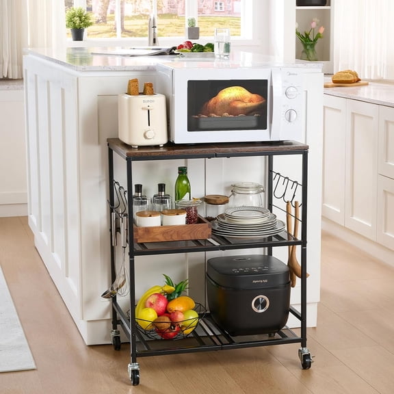 HUANG 3-Tier Rolling Microwave Cart with Storage, Small Kitchen Island on Wheels, Wood & Metal Shelf Rack Organizer for Living Room, Office, Balcony, Black