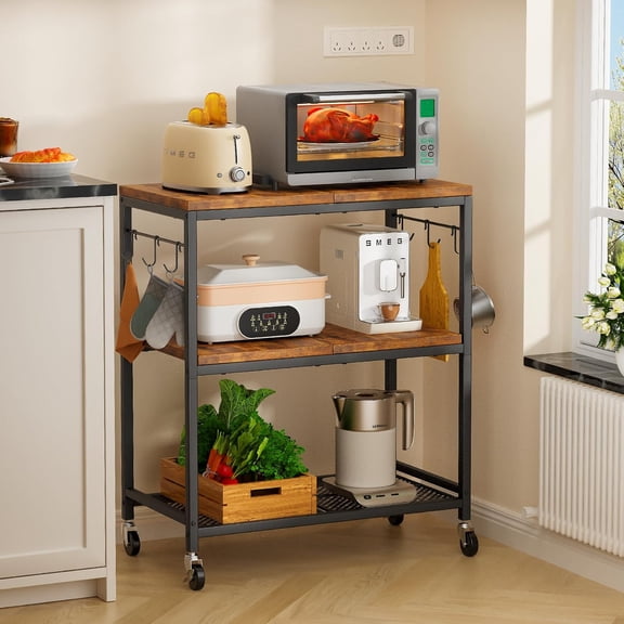 HUANG 3-Tier Rolling Microwave Cart with 6 Hooks, Utility Storage Table Stand on Lockable Wheels, Small Coffee Shelf Organizer, Brown