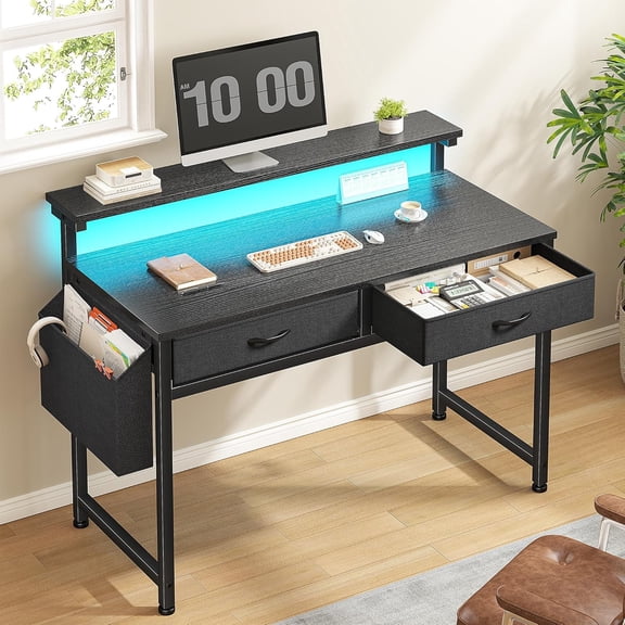 HUANG 31.5 Inch Office Computer Desk with LED Lights & 2 Fabric Drawers, Side Pocket, Black