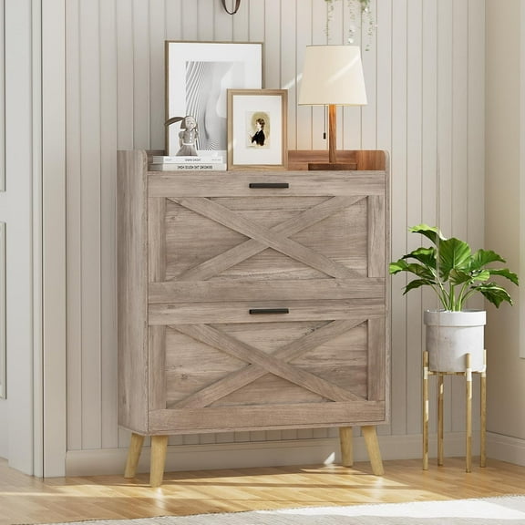 HUANG 32" Farmhouse Shoe Storage Cabinet with 2 Flip Drawers & Barn Door, Adjustable Shelves, Hidden Slim Rack