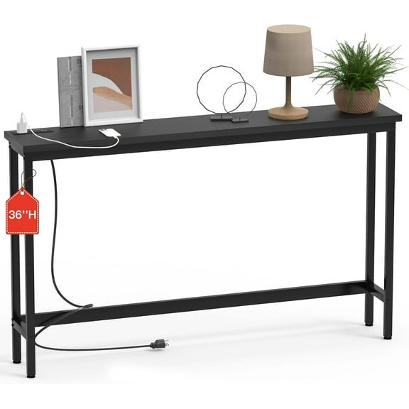 HUANG 35" High Behind Couch Table, Narrow Console Table with Outlet, Black, for Entryway, Hallway, Living Room