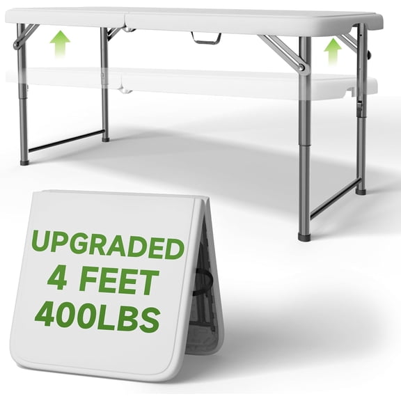 HUANG 4 Foot Folding Table - 2-Position Adjustable Height, 400 lbs Capacity, Portable for Camping Party Indoor Outdoor Use (1 Pack)