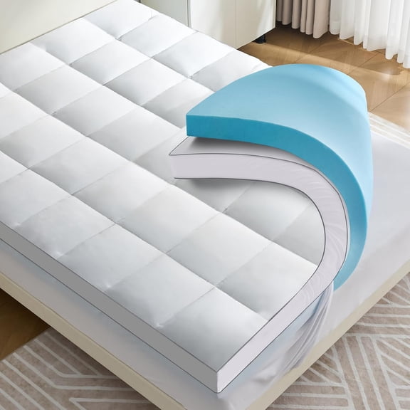 HUANG 4 Inch Dual Layer Mattress Topper Queen - 2 Inch Cooling Gel Memory Foam + 2 Inch Soft Pillow Top, Elastic Deep Pocket, Back Pain Relief