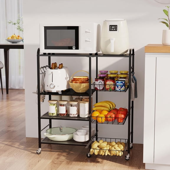 HUANG 4-Tier Rolling Microwave Cart with Pull-Out Baskets, Coffee Bar Baker's Rack on Wheels, Storage Organizer Shelf for Living Room, Office, Balcony