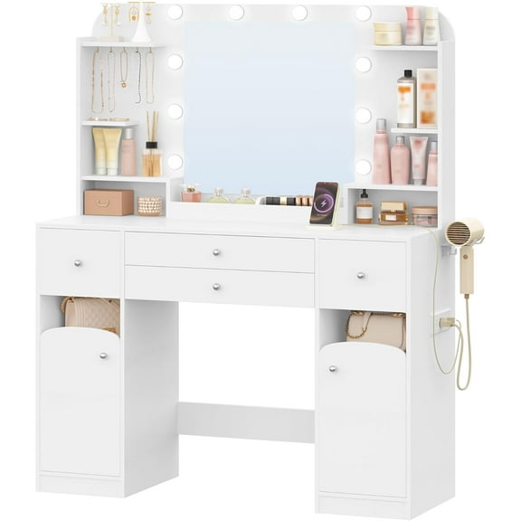 HUANG 42.5" Large Vanity Desk, Dressing Table with Mirror and LED Light, Power Strip, 4 Drawers, 2 Open Storage Cabinets, and Jewelry Storage for Bedrooms, White