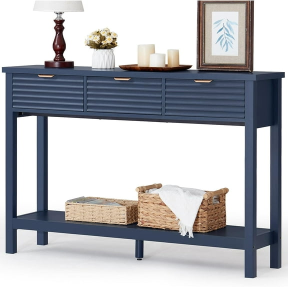 HUANG 47.2" Fluted Console Table with 3 Drawers, Modern Wood 2-Tier Entryway Table with Open Shelf, Dark Navy Blue, for Living Room, Hallway, Foyer