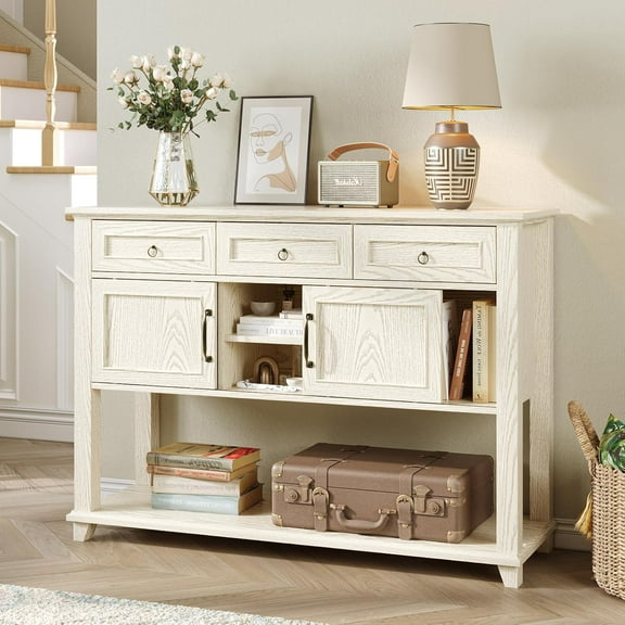 HUANG 47" Entryway Table with 2 Sliding Barn Doors & 3 Drawers, Farmhouse Console Table with Storage Shelf, White Grey, for Living Room, Hallway