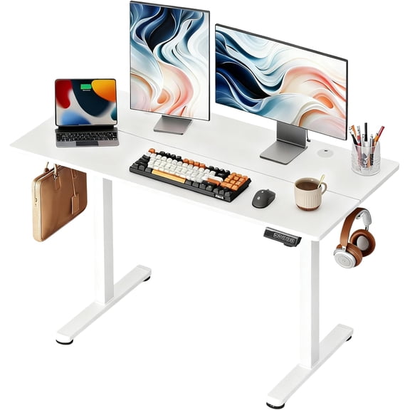 HUANG 48 Inch Electric Standing Desk, 3-Height Memory, LED Touchscreen & Headphone Hook, White