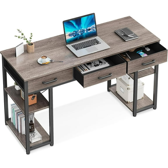 HUANG 48 Inch Small Computer Desk with Fabric Drawers & Storage, Grey Oak