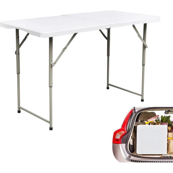 HUANG 4ft Folding Card Table - Portable Heavy Duty Fold-in-Half Plastic Dining Table with Handle & Lock, for Indoor Outdoor Picnic Party Camping