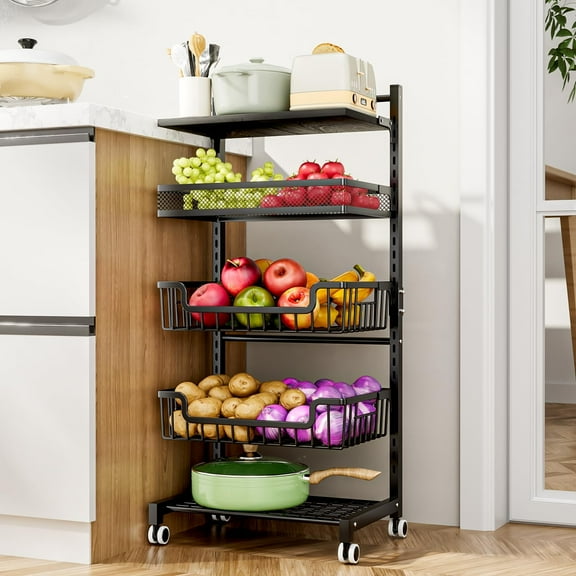 HUANG 5-Tier Adjustable Fruit Basket Kitchen Cart, Large Capacity Rolling Vegetable Storage Rack on Wheels for Snacks, Onions, Potatoes