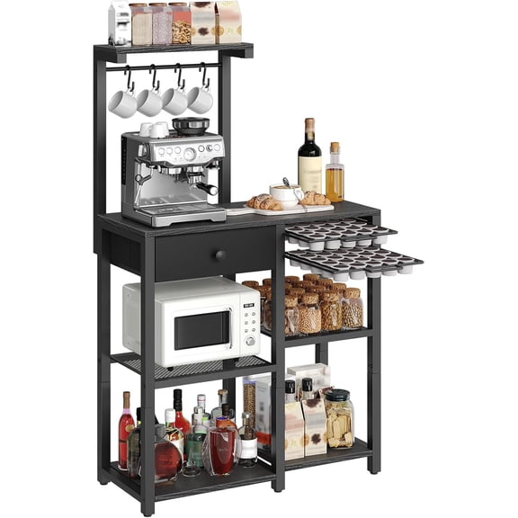 HUANG 5-Tier Coffee Bar Station with Drawer, Bakers Rack with Storage, Coffee Stand with Pod Drawer Holder, for Home Cafe Kitchen, Black