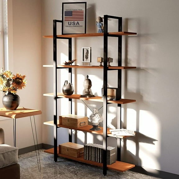 HUANG 5-Tier Industrial Bookshelf, USA Hardwood Real Wood Open Bookcase, Storage Shelf, Display Shelf, Poplar Solid Wood
