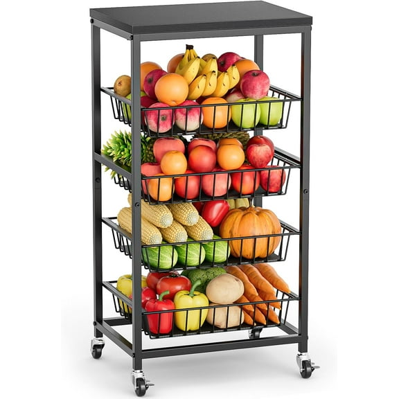 HUANG 5-Tier Snack Cart on Wheels with Storage, Fruit Basket Stand with Pull-Out Baskets & Wood Top, Kitchen Organizer for Fruit, Vegetables, Snacks, Black