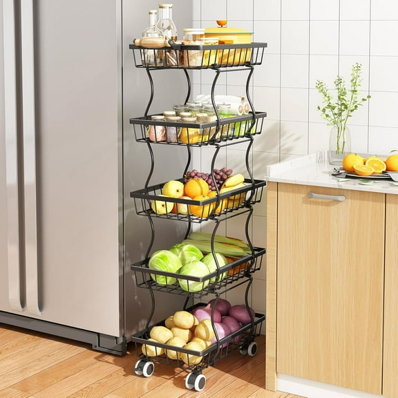 HUANG 5-Tier Stackable Fruit Basket Kitchen Pantry Organizer, Metal Wire Basket Stand for Fruits, Vegetables, Snacks, Jars, Containers, Black