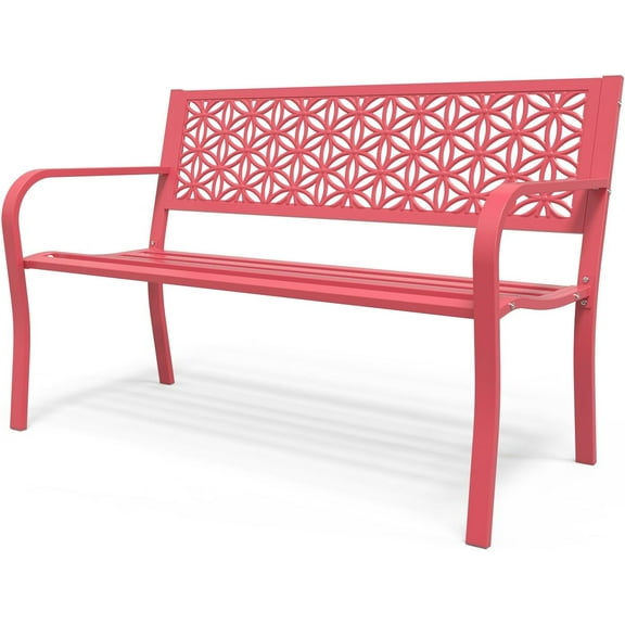 HUANG 50" Metal Outdoor Bench with Floral Back, 800 LB Capacity, Pink
