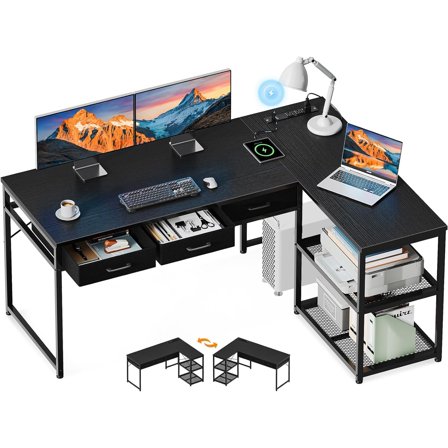 HUANG 53 Inch L-Shaped Computer Desk with Drawers, Power Outlets & Reversible Shelves, Black