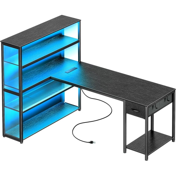 HUANG 57 Inch L-Shaped Gaming Computer Desk with Large Open Cabinet, Power Outlets & LED Lights, Black