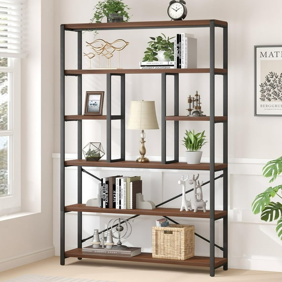 HUANG 6-Tier Tall Walnut Bookshelf, Industrial Wood Metal Etagere ...