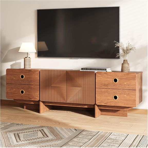 HUANG 66 Inch Fluted TV Stand, Cherry Mid Century Modern Entertainment Center with Storage
