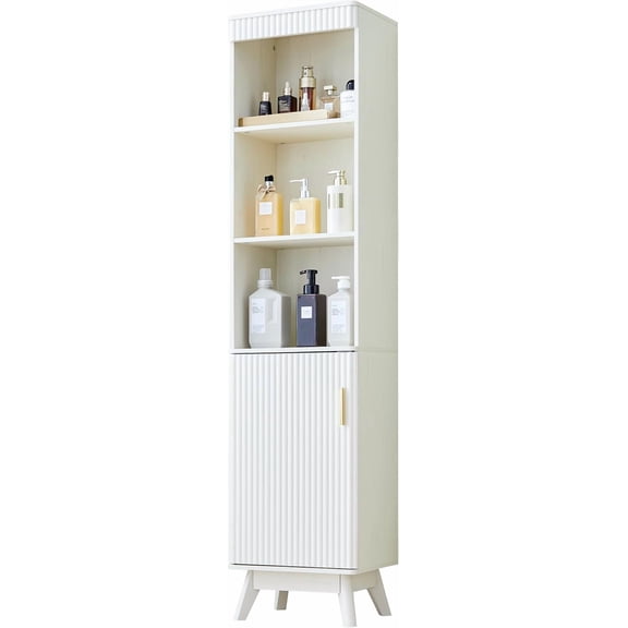HUANG 68" Tall Narrow Fluted Tower Cabinet with Door & Shelves, Slim Space-Saving Storage Unit for Bathroom, Kitchen – White