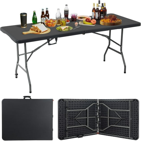 HUANG 6ft Heavy Duty Plastic Folding Table Black - Portable Picnic Camping Dining Party Table Indoor Outdoor, Easy Assembly & Foldable