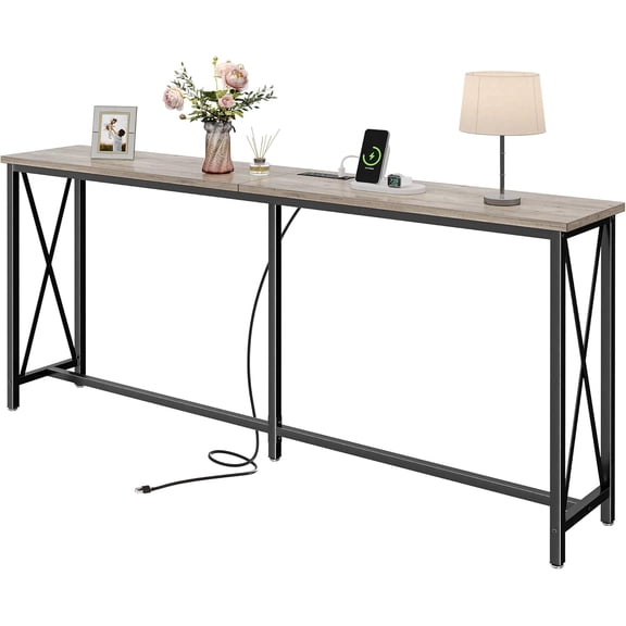 HUANG 70" Console Table with Outlets and USB-C Port, Extra Long Behind Couch Sofa Table, X-Shaped Design, Grey Oak, for Entryway, Living Room