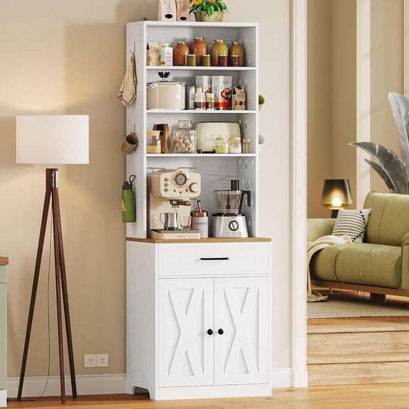 HUANG 71" Farmhouse Bakers Rack with Pegboard and Storage, Microwave Stand with Drawer, Barn Doors, Adjustable Shelves, Coffee Bar Cabinet, White