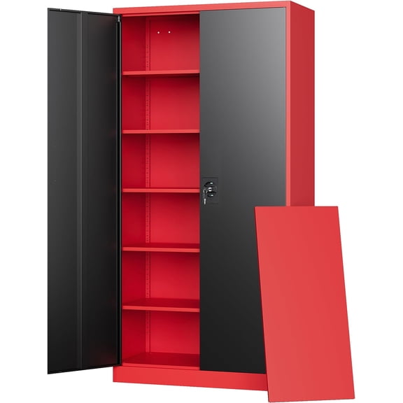HUANG 71" Tall Metal Storage Locker with Lock & Adjustable Shelves, 2-Door Steel Cabinet for Garage, Home, Office, Warehouse – Black Red (Style B)