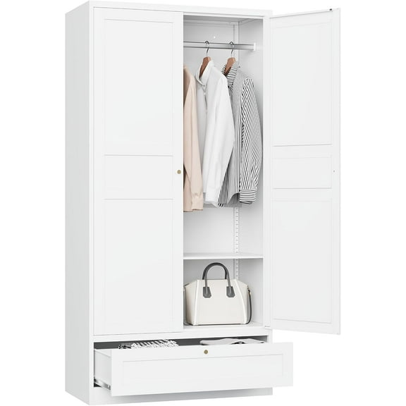 HUANG 72" Metal Wardrobe Closet with Drawer, 2-Door Clothing Cabinet with Hanging Rod, for Bedroom, Laundry Room, Office