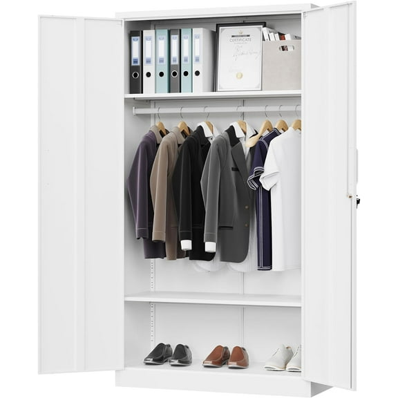 HUANG 72" x 36" x 18" Metal Wardrobe Cabinet with Lock, Clothing Storage Locker for Home, School, Gym, Office, White