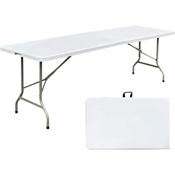 HUANG 8 Foot Folding Table White - 96 Inch Heavy Duty Plastic Portable Foldable Table with Handle for Indoor Outdoor Picnic Party Camping