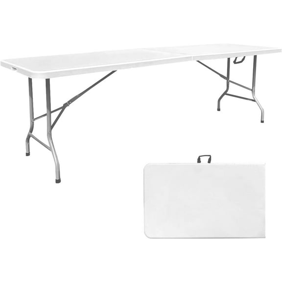 HUANG 8 Foot Folding Table White - Fold-in-Half Heavy Duty Plastic Picnic Table with Handle, Portable Long Utility Table for Party Dining Indoor Outdoor