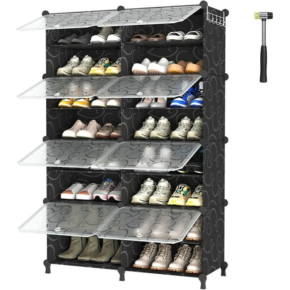 HUANG 8-Tier Shoe Storage Cabinet with Door, 32-Pair Shoe Organizer Shelves for Closet, Hallway, Entryway – Black