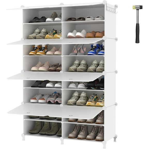 HUANG 8-Tier Shoe Storage Cabinet with Door, 32-Pair Shoe Organizer Shelves for Closet, Hallway, Entryway – White