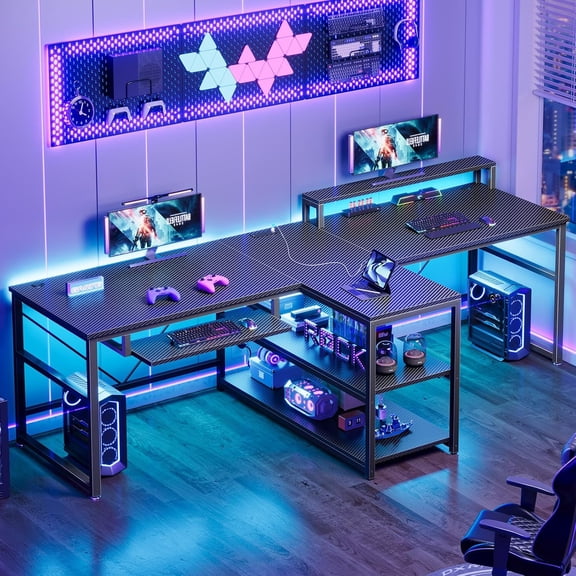 HUANG 94.5" Gaming Computer Desk for 2 Persons, LED Lights, Power Strip, Keyboard Tray, Carbon Fiber Black
