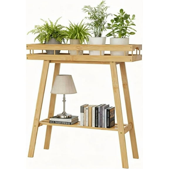 HUANG Bamboo Plant Stand  2-Tier Small Table for Window Sill, Flower Pot Holder, Natural
