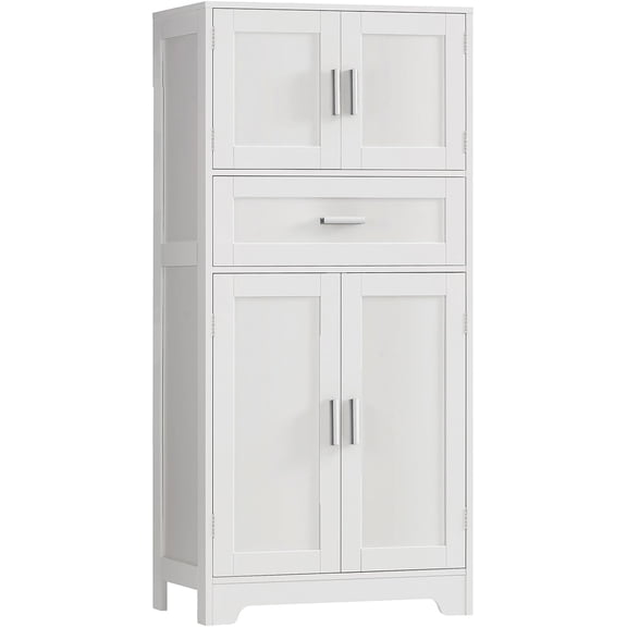 HUANG Bathroom Storage Cabinet with Adjustable Shelf & Large Drawer, Tall 4-Door Kitchen Pantry for Living Room, Dining Room  White