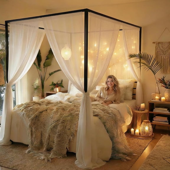 HUANG Canopy Queen Bed Frame, Metal Four Poster with Built-in Headboard, 14 Inch Platform, Black, No Box Spring Needed