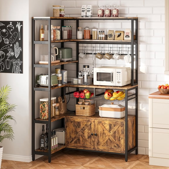 HUANG Corner Bakers Rack with Power Outlet, 6-Tier Coffee Bar with Storage Cabinet, Vintage Industrial Microwave Stand with 6 Hooks, Wire Basket, Rustic Brown