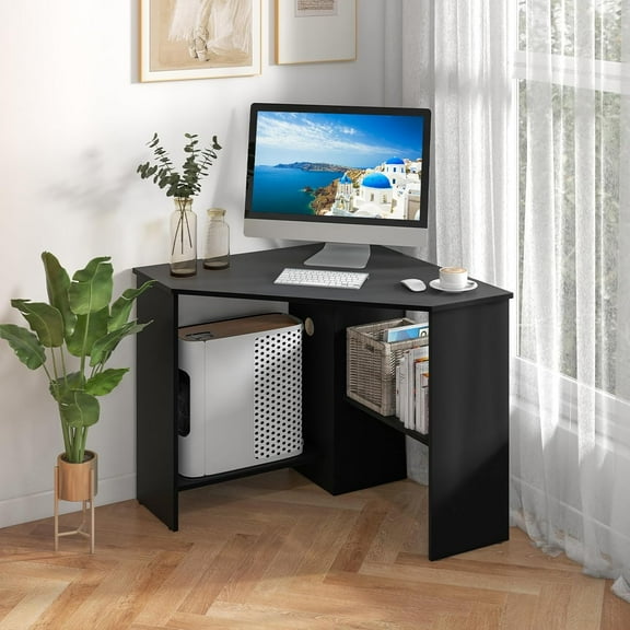 HUANG Corner Computer Desk, 90° Triangle Desk with Shelves & CPU Stand, Black, 33.5"