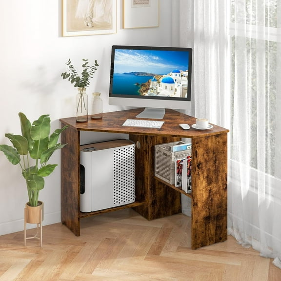 HUANG Corner Computer Desk, 90° Triangle Desk with Shelves & CPU Stand, Rustic Brown, 33.5"